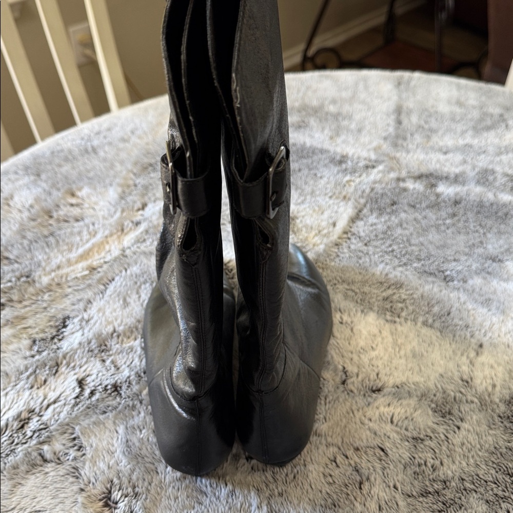 Women’s 8 1/2 Black‎ Slouchy Mid-Calf Boot Back Buckle Wedge Heel Leather Upper - Picture 5 of 13